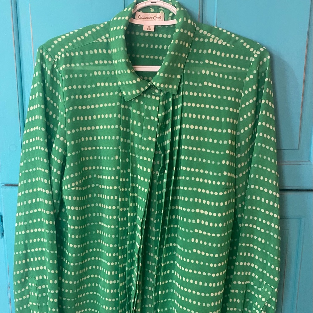 Vibrant Polka Dot Button Up Shirt- Green White Office Casual - Hidden Buttons
